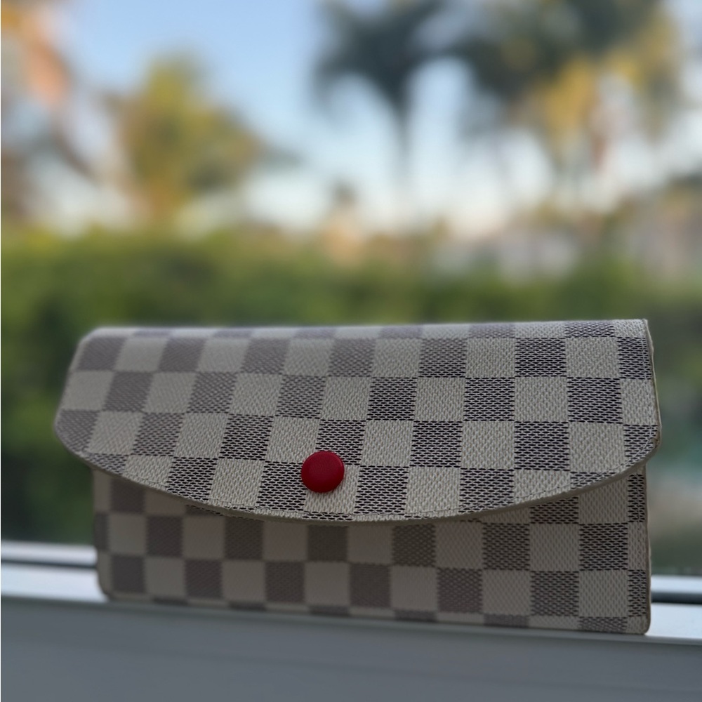 White and Gray Checkered Wallet w/ Red Accent Button